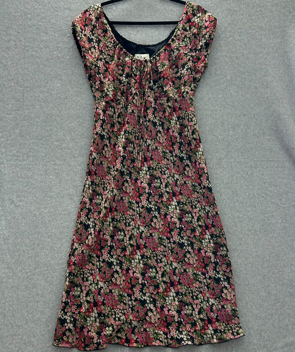 VTG Y2K Boho Floral Babydoll Midi Dress Sz 10 Black Pink Garden Cottage Romantic